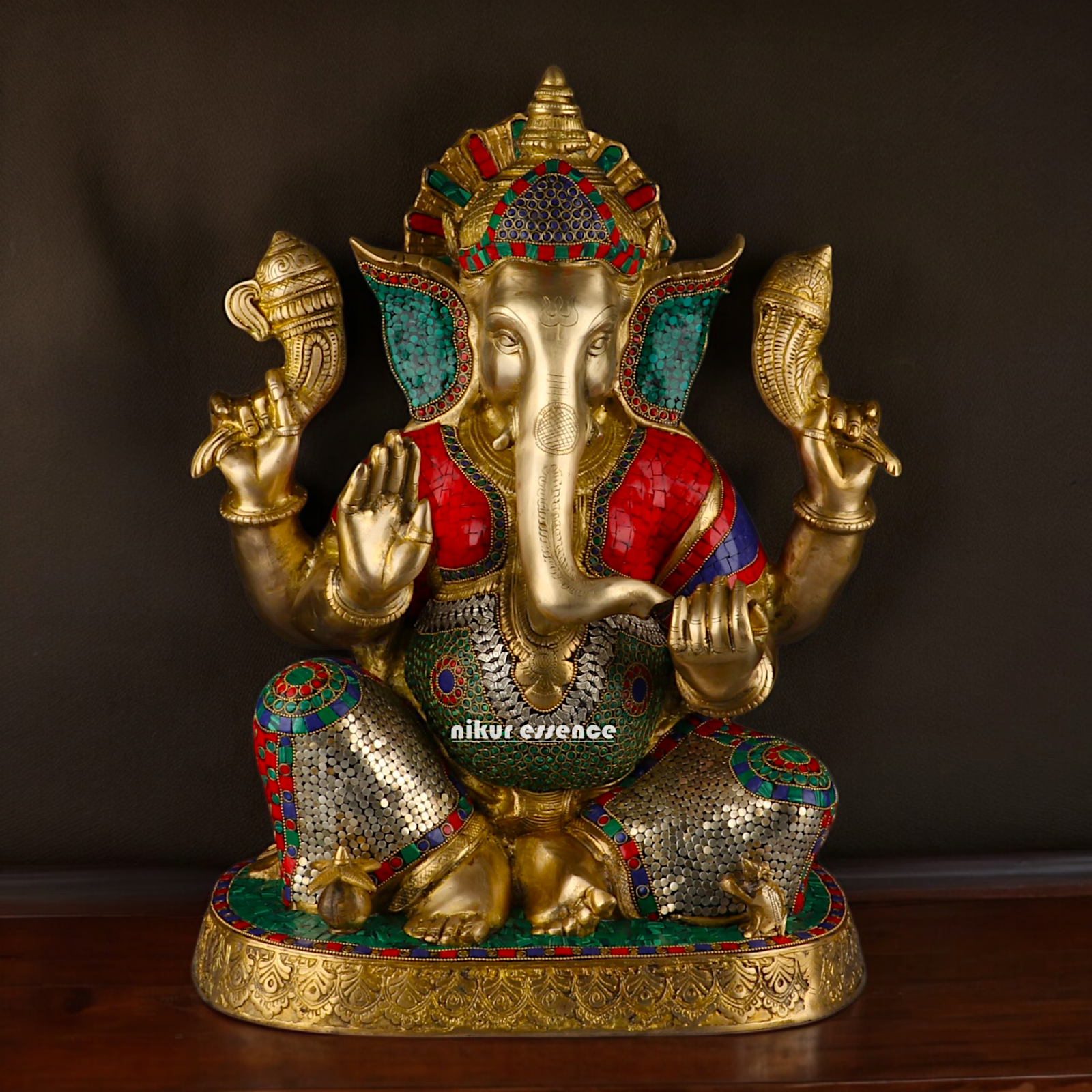 Large Ganesh Ganpati Sitting Brass beautiful Idol with Stone Work - 22 inches Nikuressence