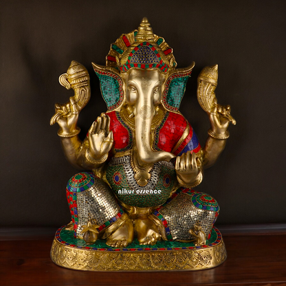 Large Ganesh Ganpati Sitting Brass beautiful Idol with Stone Work - 22 inches Nikuressence
