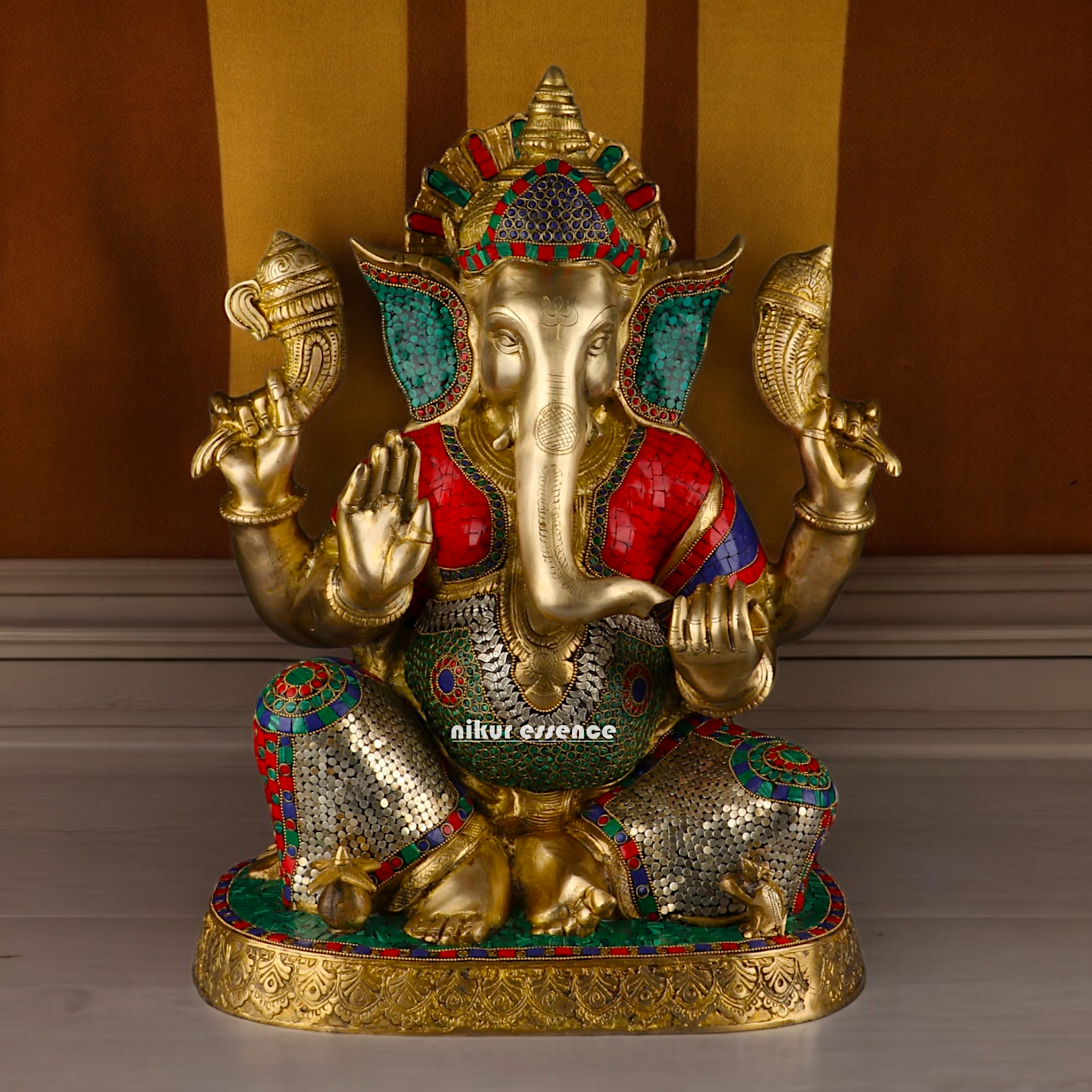 Large Ganesh Ganpati Sitting Brass beautiful Idol with Stone Work - 22 inches Nikuressence