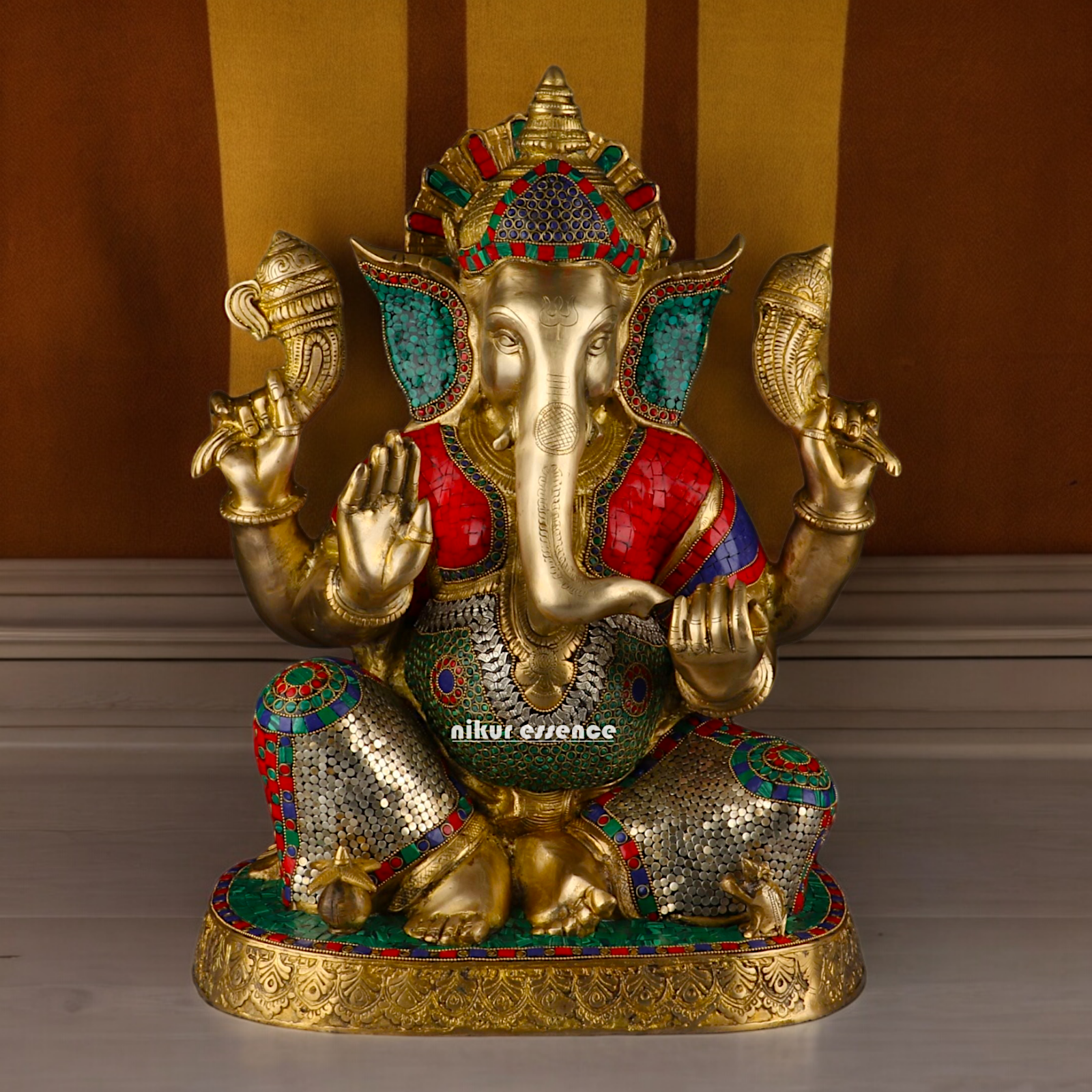 Large Ganesh Ganpati Sitting Brass beautiful Idol with Stone Work - 22 inches Nikuressence