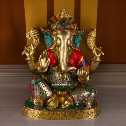 Large Ganesh Ganpati Sitting Brass beautiful Idol with Stone Work - 22 inches Nikuressence