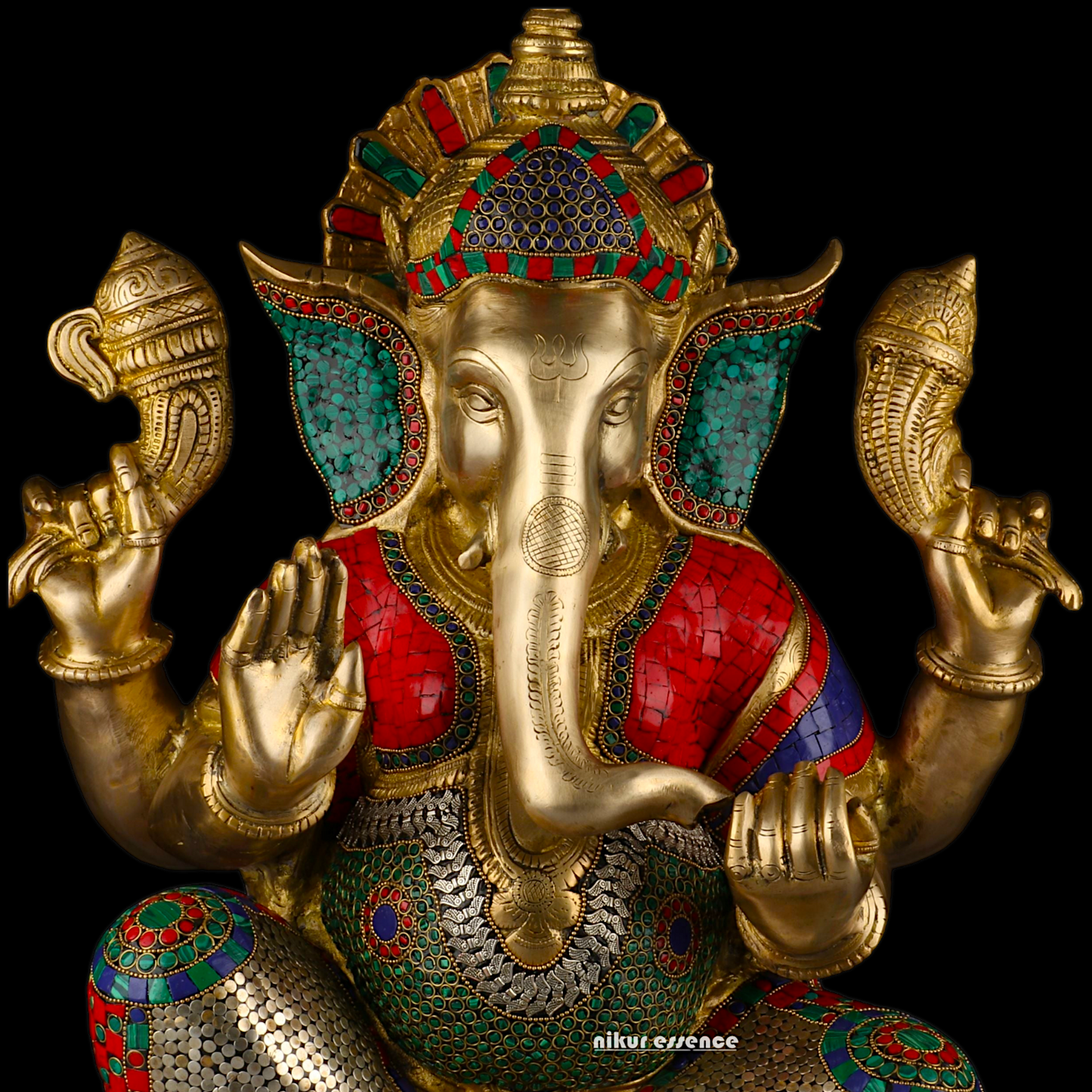 Large Ganesh Ganpati Sitting Brass beautiful Idol with Stone Work - 22 inches Nikuressence