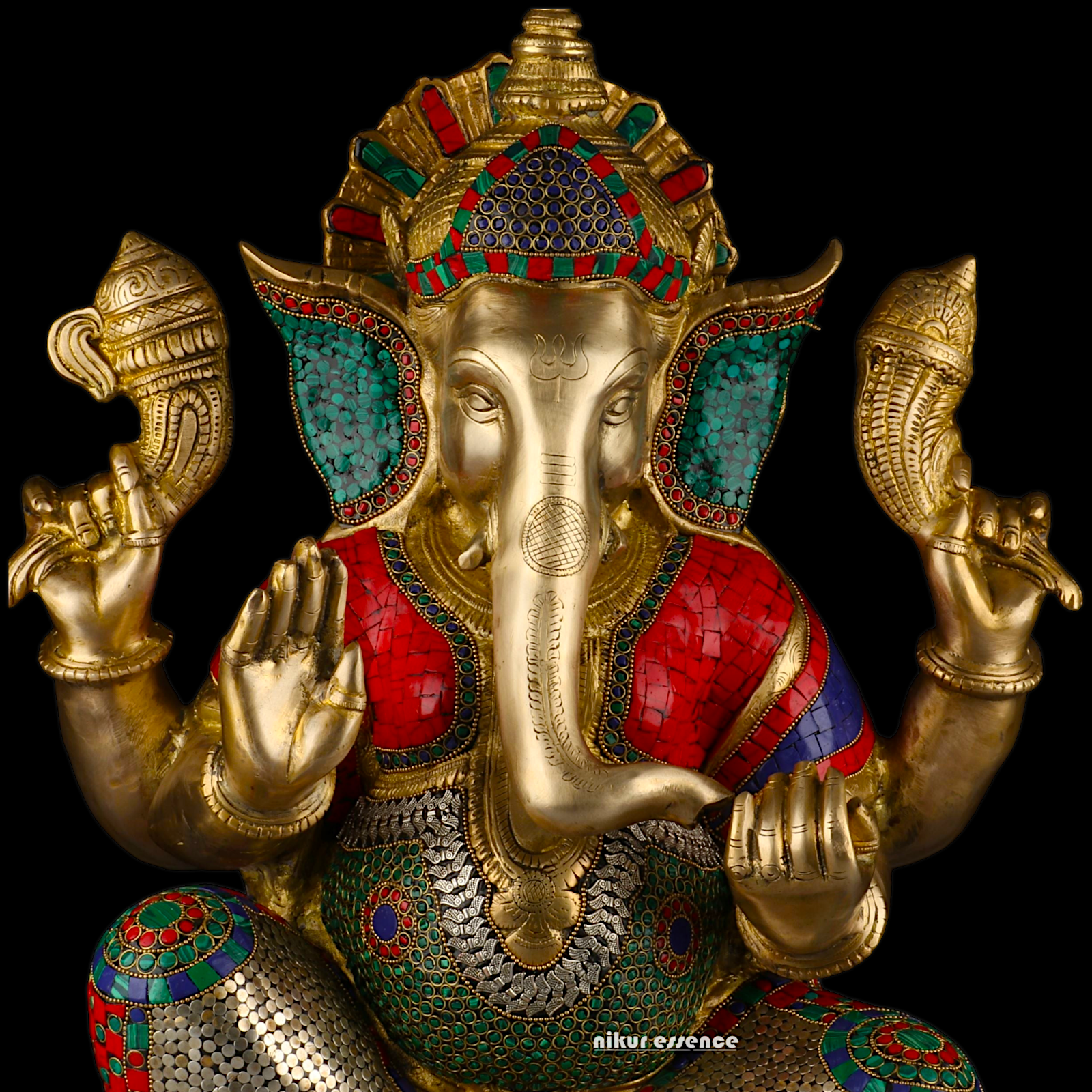 Large Ganesh Ganpati Sitting Brass beautiful Idol with Stone Work - 22 inches Nikuressence