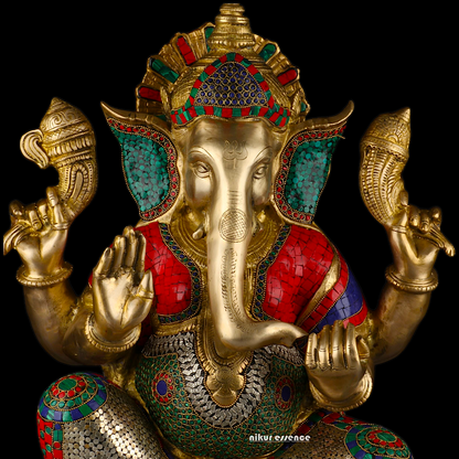 Large Ganesh Ganpati Sitting Brass beautiful Idol with Stone Work - 22 inches Nikuressence