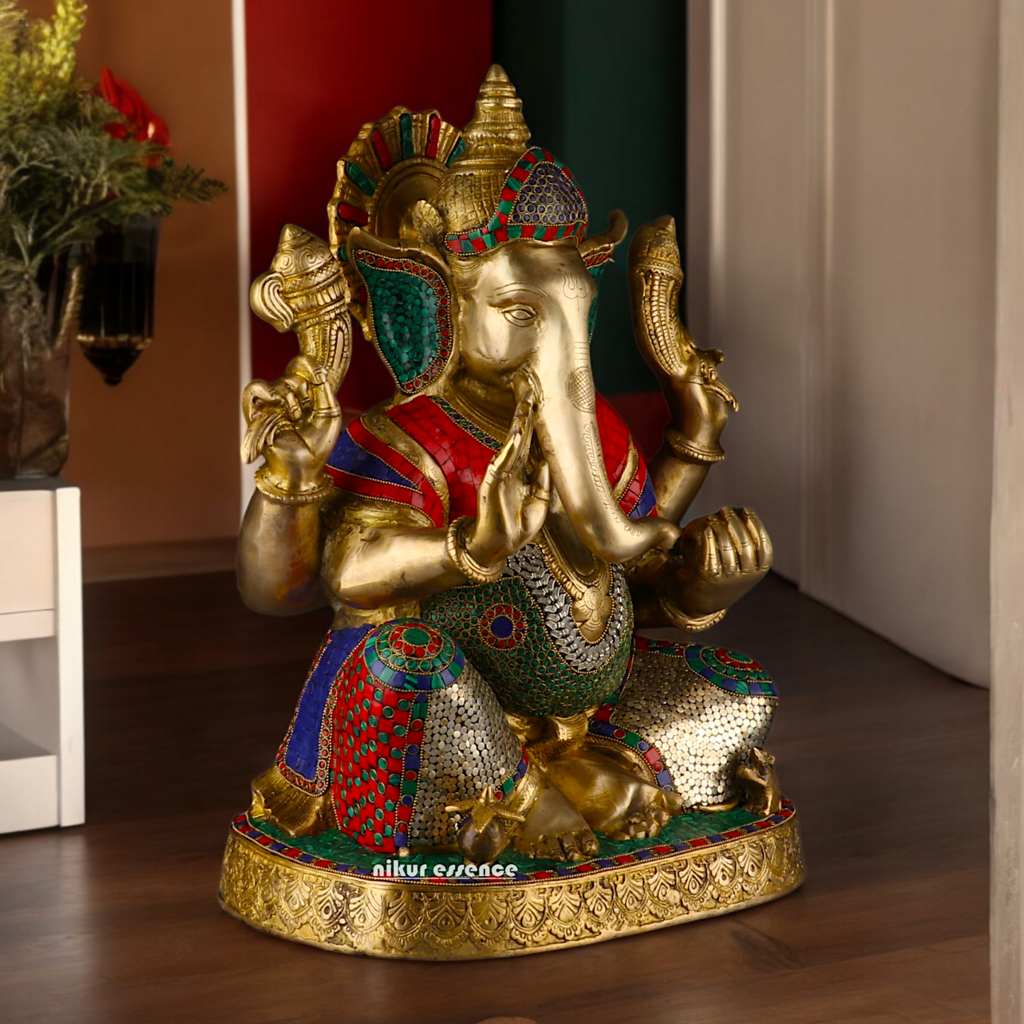 Large Ganesh Ganpati Sitting Brass beautiful Idol with Stone Work - 22 inches Nikuressence