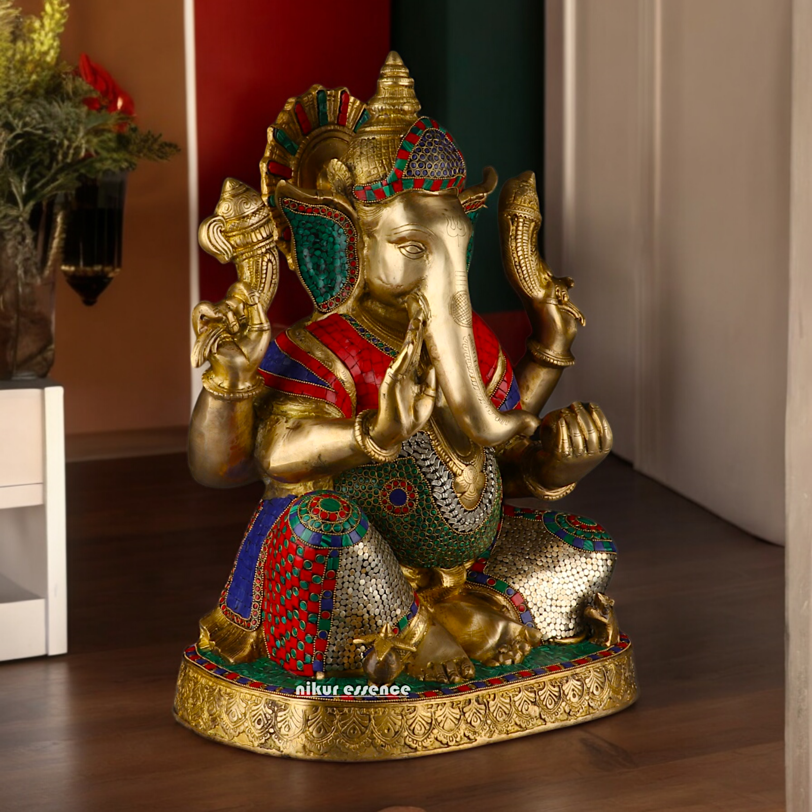 Large Ganesh Ganpati Sitting Brass beautiful Idol with Stone Work - 22 inches Nikuressence