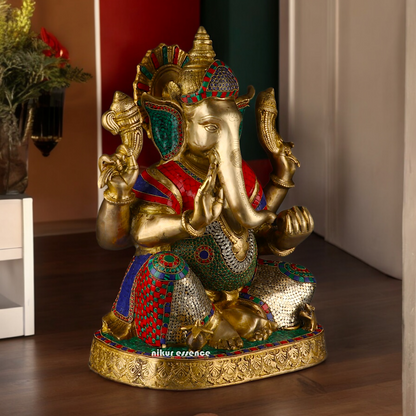 Large Ganesh Ganpati Sitting Brass beautiful Idol with Stone Work - 22 inches Nikuressence