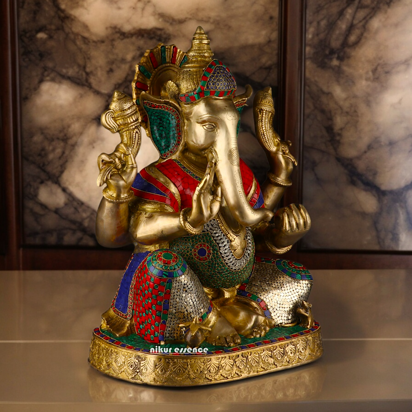 Large Ganesh Ganpati Sitting Brass beautiful Idol with Stone Work - 22 inches Nikuressence