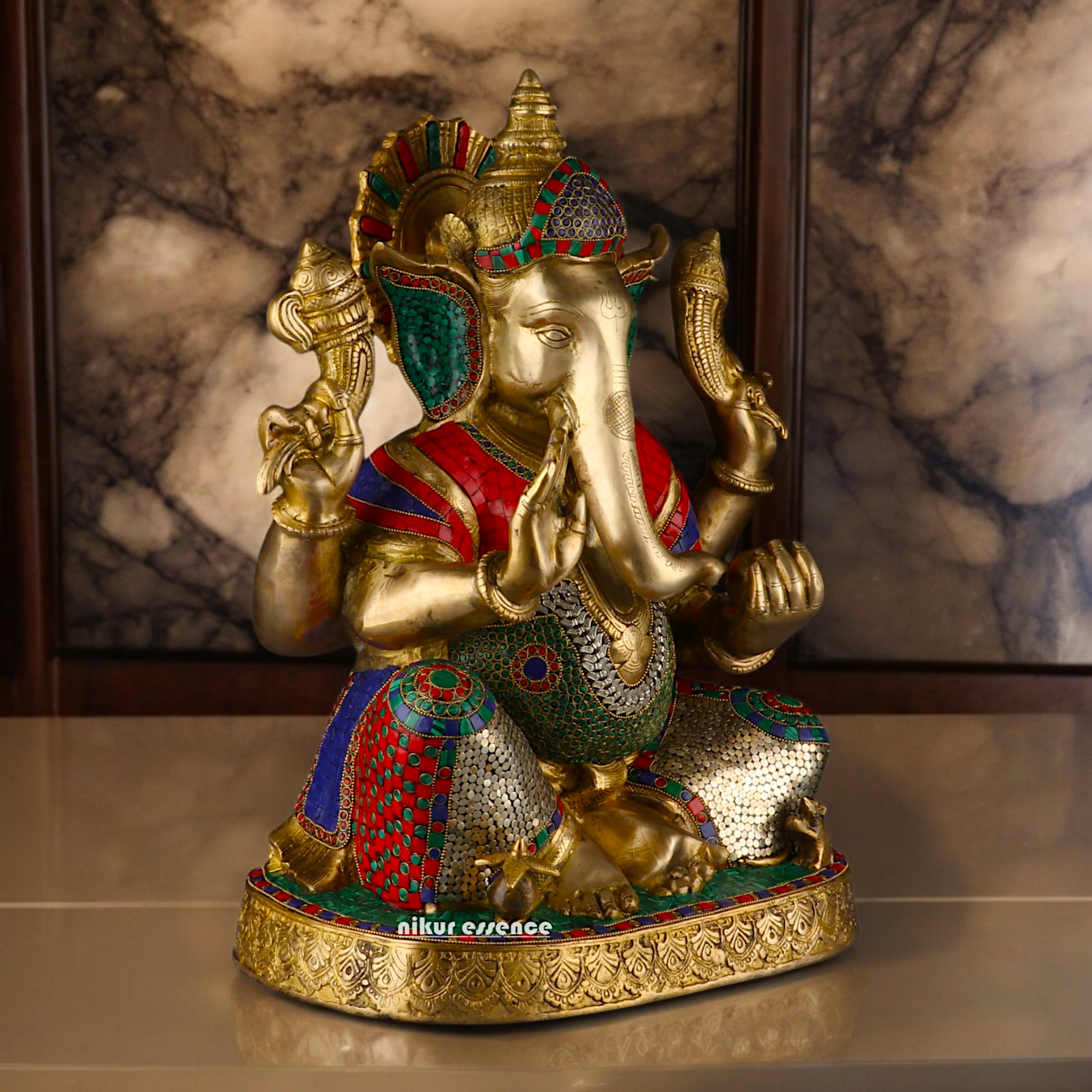 Large Ganesh Ganpati Sitting Brass beautiful Idol with Stone Work - 22 inches Nikuressence