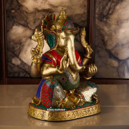 Large Ganesh Ganpati Sitting Brass beautiful Idol with Stone Work - 22 inches Nikuressence