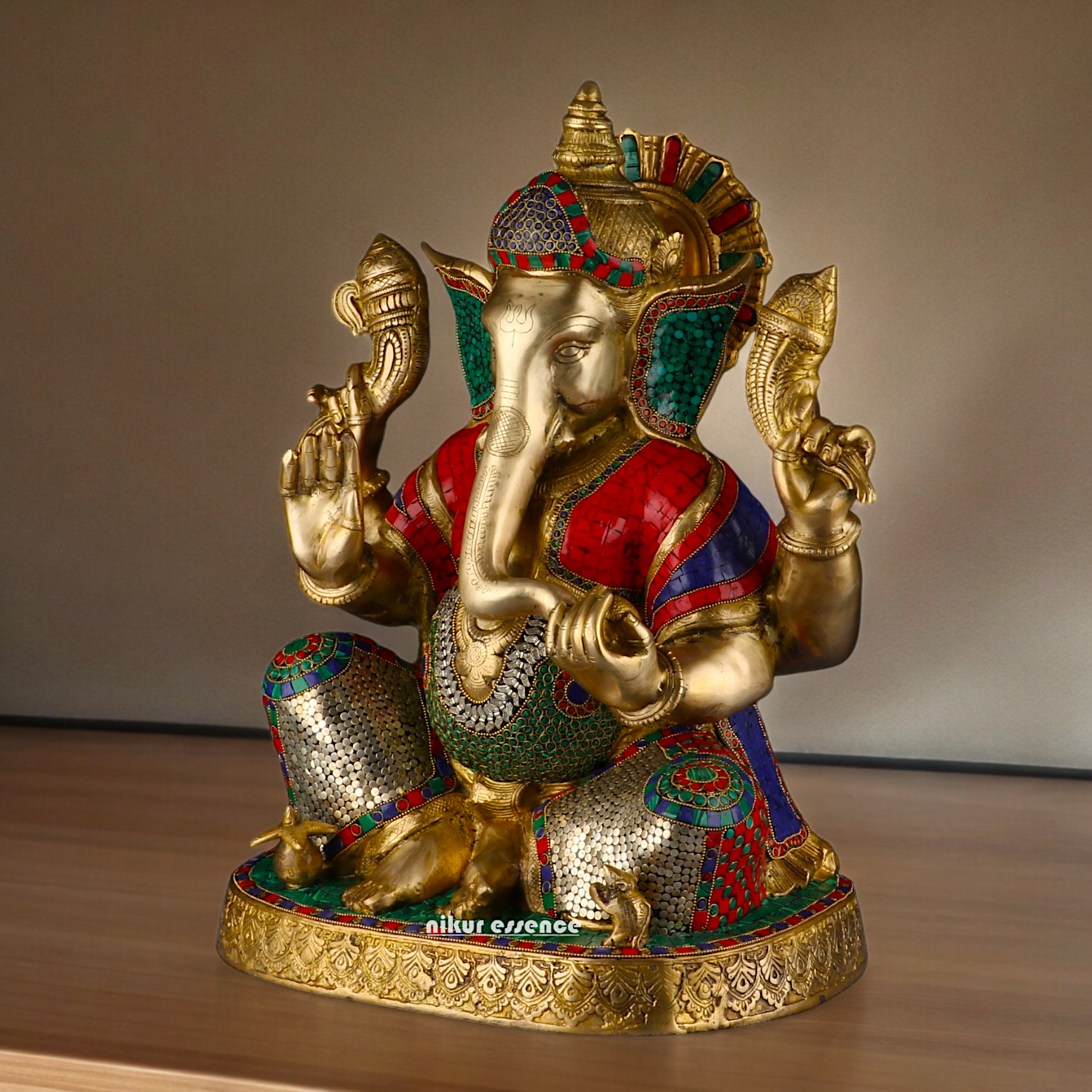 Large Ganesh Ganpati Sitting Brass beautiful Idol with Stone Work - 22 inches Nikuressence