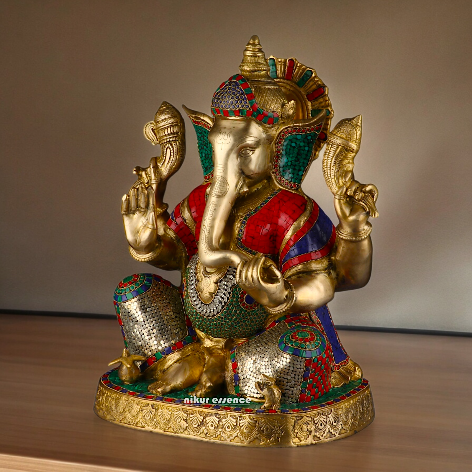 Large Ganesh Ganpati Sitting Brass beautiful Idol with Stone Work - 22 inches Nikuressence