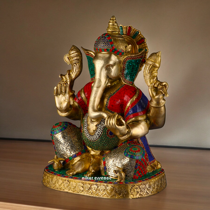 Large Ganesh Ganpati Sitting Brass beautiful Idol with Stone Work - 22 inches Nikuressence