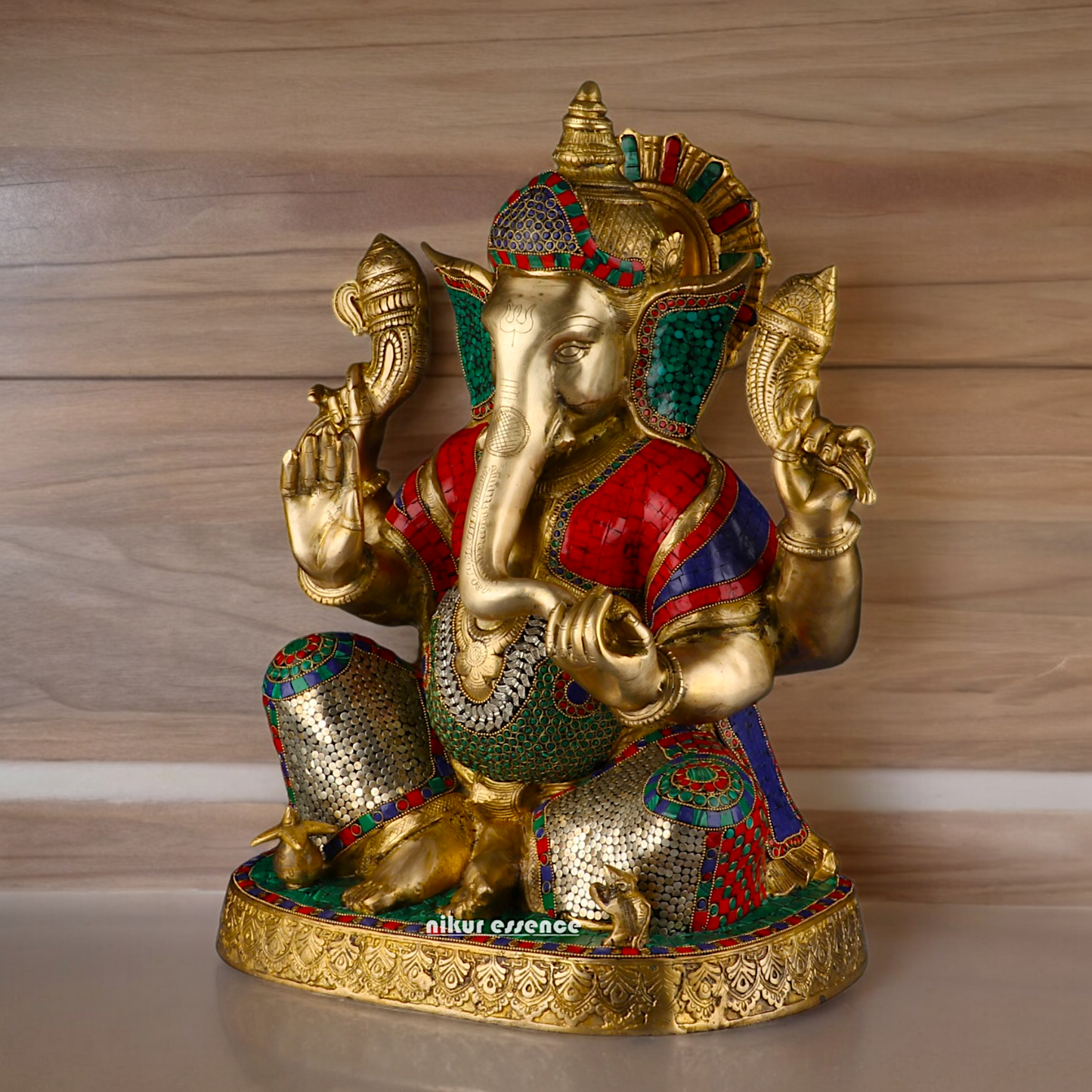 Large Ganesh Ganpati Sitting Brass beautiful Idol with Stone Work - 22 inches Nikuressence