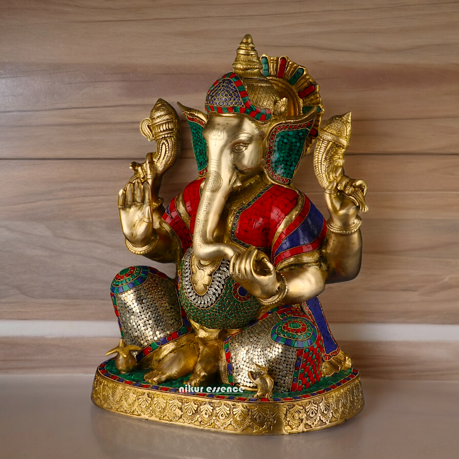 Large Ganesh Ganpati Sitting Brass beautiful Idol with Stone Work - 22 inches Nikuressence