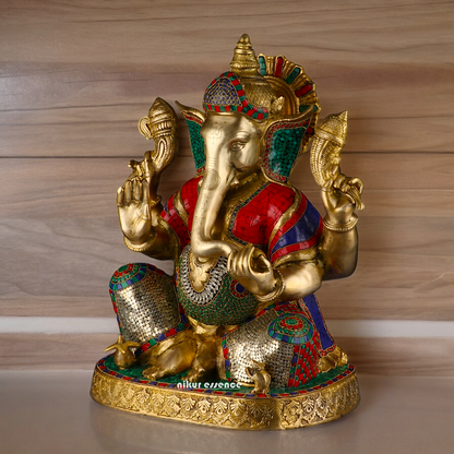 Large Ganesh Ganpati Sitting Brass beautiful Idol with Stone Work - 22 inches Nikuressence