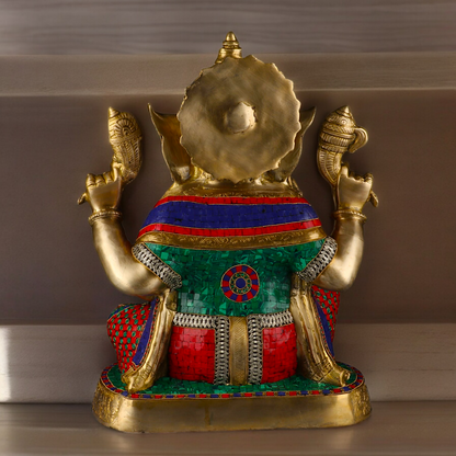 Large Ganesh Ganpati Sitting Brass beautiful Idol with Stone Work - 22 inches Nikuressence
