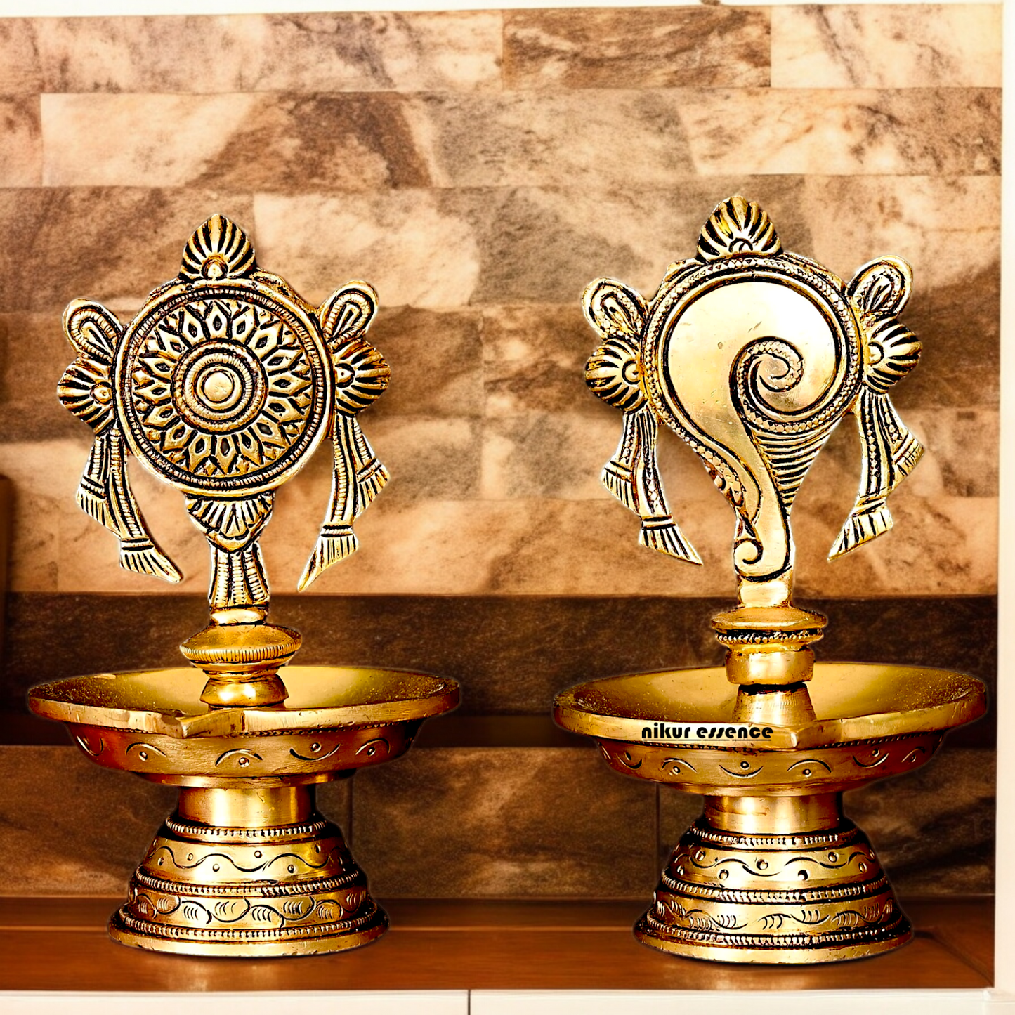 Solid Brass Shankh Chakra Diya Set - 6 inches Nikuressence