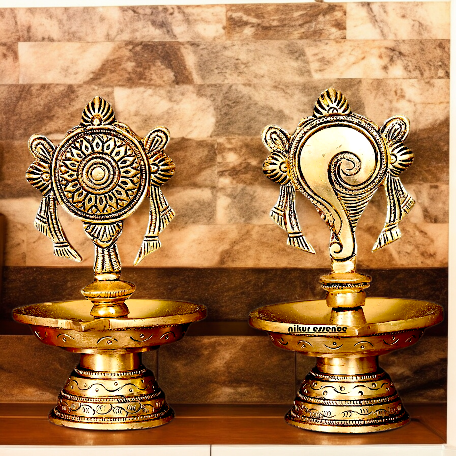 Solid Brass Shankh Chakra Diya Set - 6 inches Nikuressence