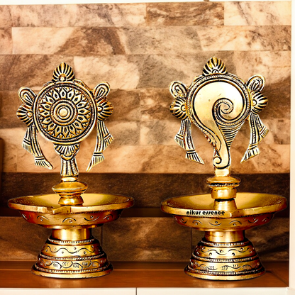 Solid Brass Shankh Chakra Diya Set - 6 inches Nikuressence