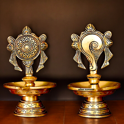 Solid Brass Shankh Chakra Diya Set - 6 inches Nikuressence