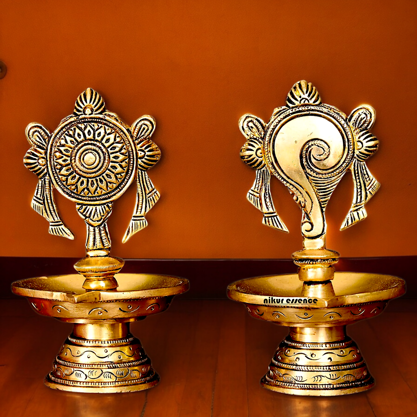 Solid Brass Shankh Chakra Diya Set - 6 inches Nikuressence