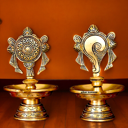 Solid Brass Shankh Chakra Diya Set - 6 inches Nikuressence