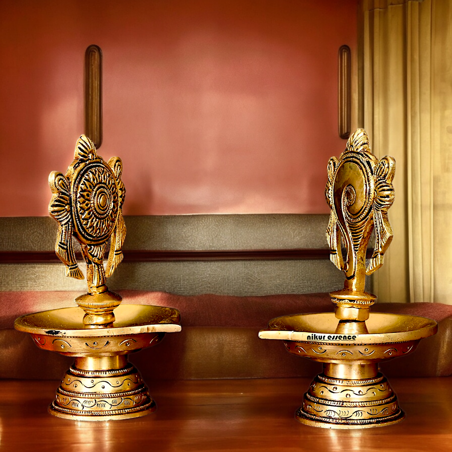 Solid Brass Shankh Chakra Diya Set - 6 inches Nikuressence