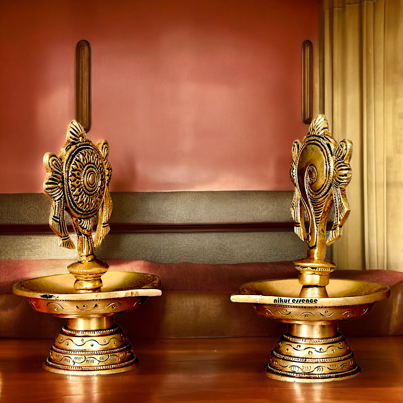 Solid Brass Shankh Chakra Diya Set - 6 inches Nikuressence