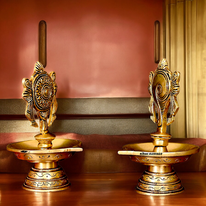 Solid Brass Shankh Chakra Diya Set - 6 inches Nikuressence