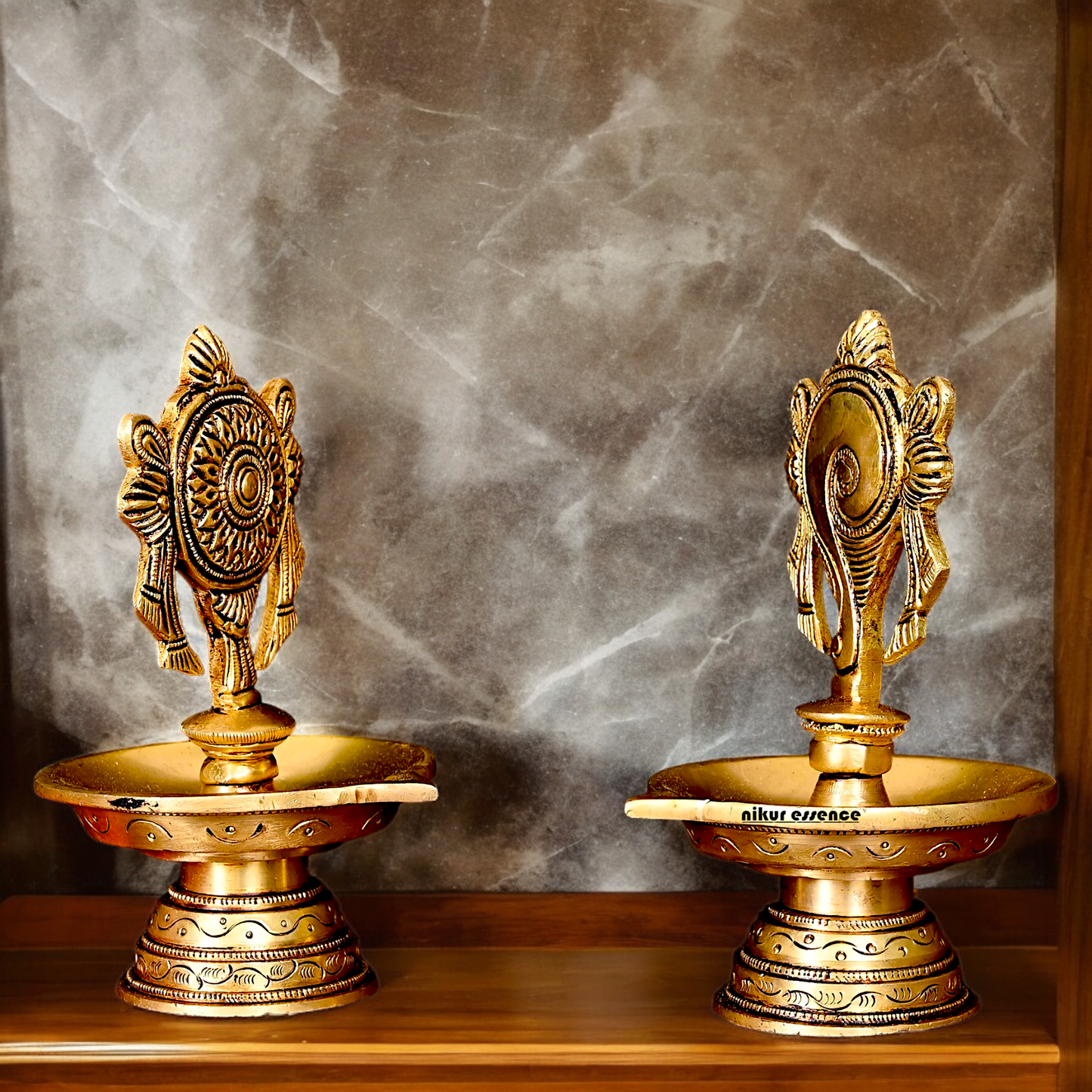 Solid Brass Shankh Chakra Diya Set - 6 inches Nikuressence