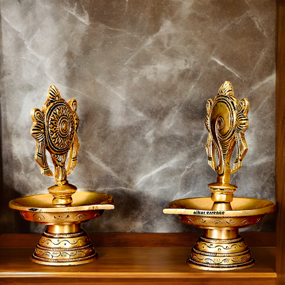 Solid Brass Shankh Chakra Diya Set - 6 inches Nikuressence