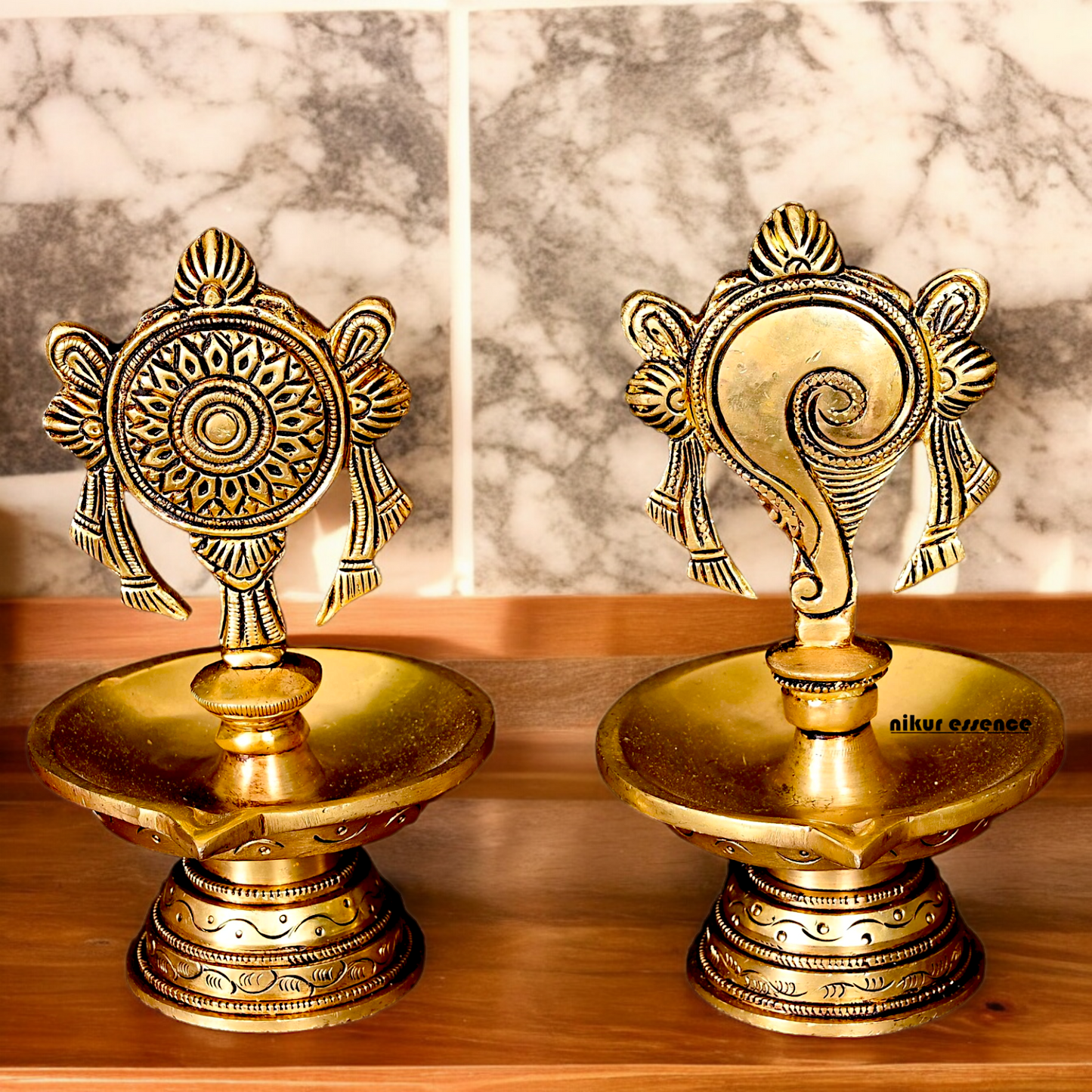 Solid Brass Shankh Chakra Diya Set - 6 inches Nikuressence