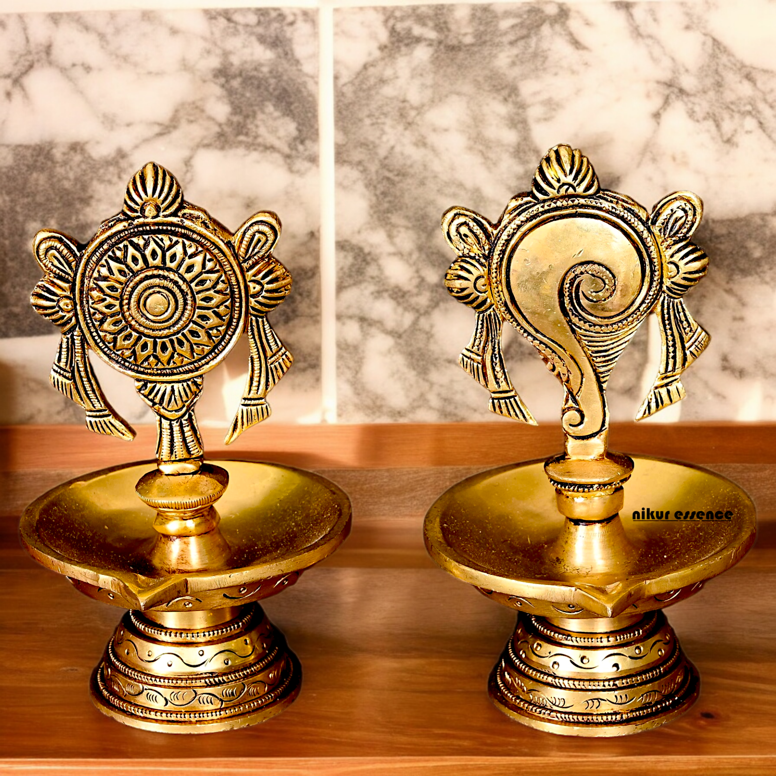 Solid Brass Shankh Chakra Diya Set - 6 inches Nikuressence