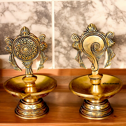 Solid Brass Shankh Chakra Diya Set - 6 inches Nikuressence