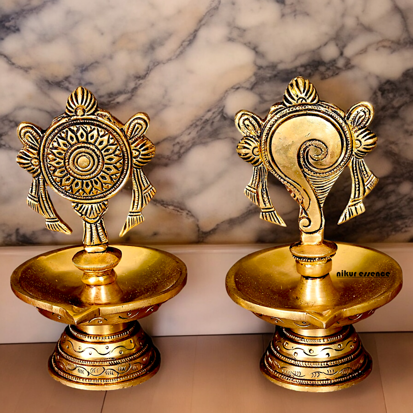 Solid Brass Shankh Chakra Diya Set - 6 inches Nikuressence