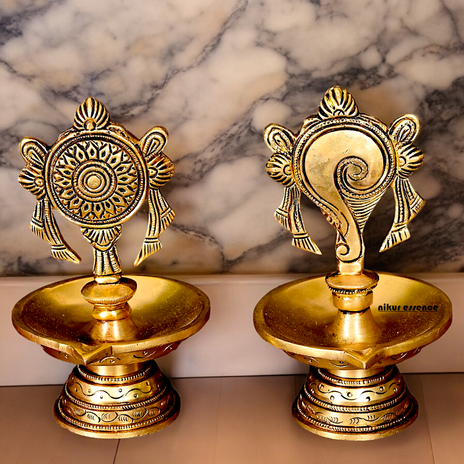 Solid Brass Shankh Chakra Diya Set - 6 inches Nikuressence