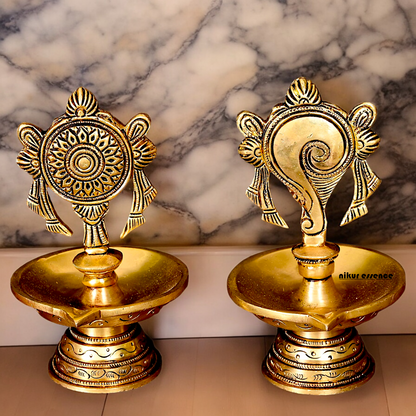 Solid Brass Shankh Chakra Diya Set - 6 inches Nikuressence