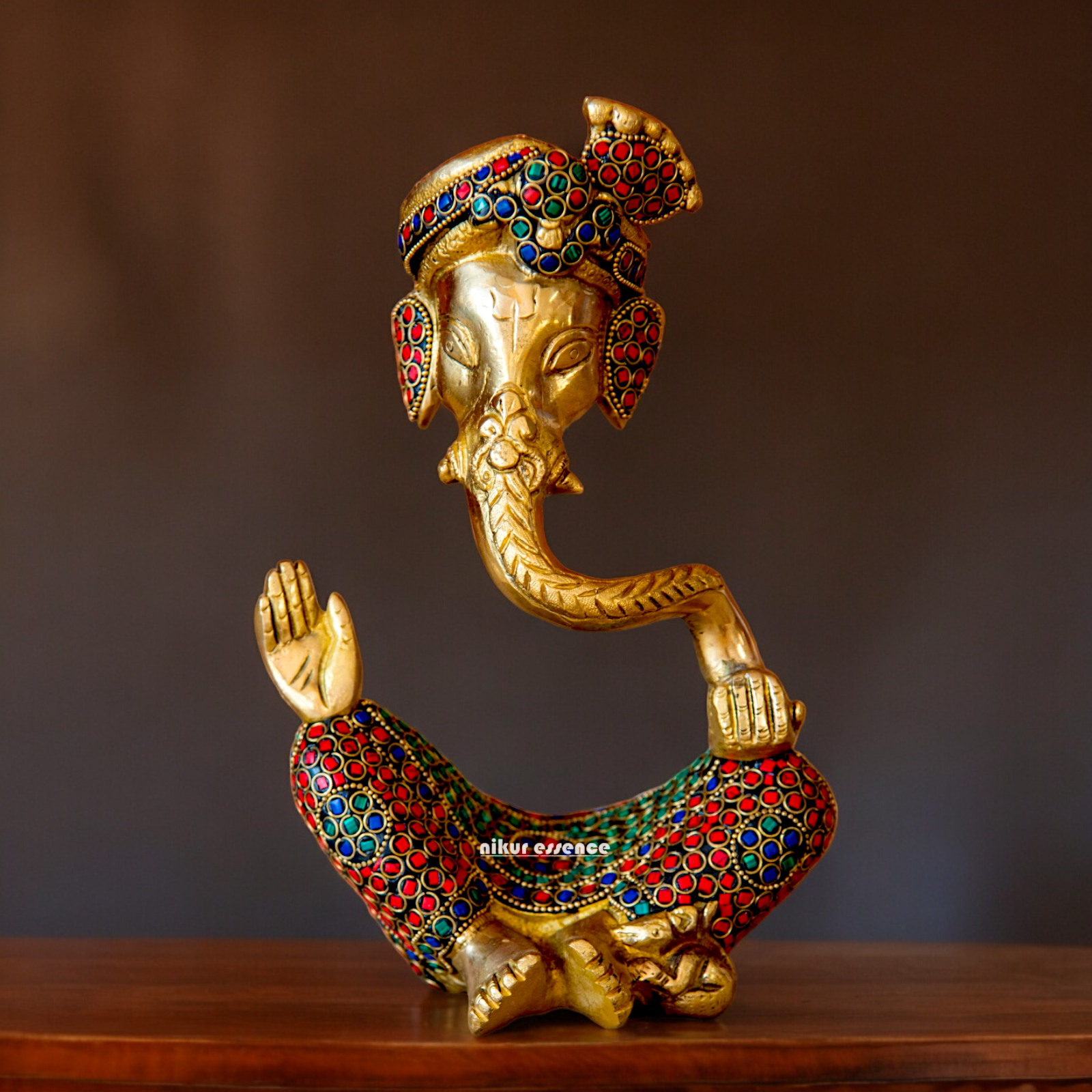 Online Ganesh Vinayaka Sitting Idol Brass with Stone Work - 10 inches Nikuressence