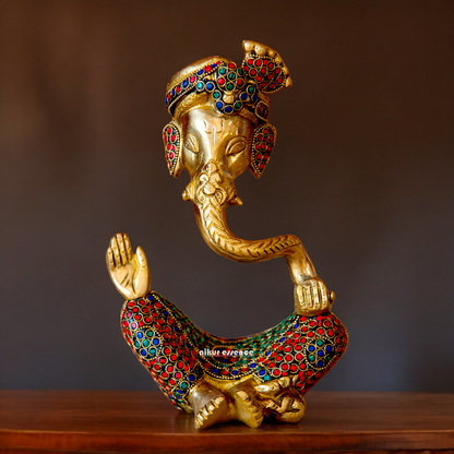 Online Ganesh Vinayaka Sitting Idol Brass with Stone Work - 10 inches Nikuressence