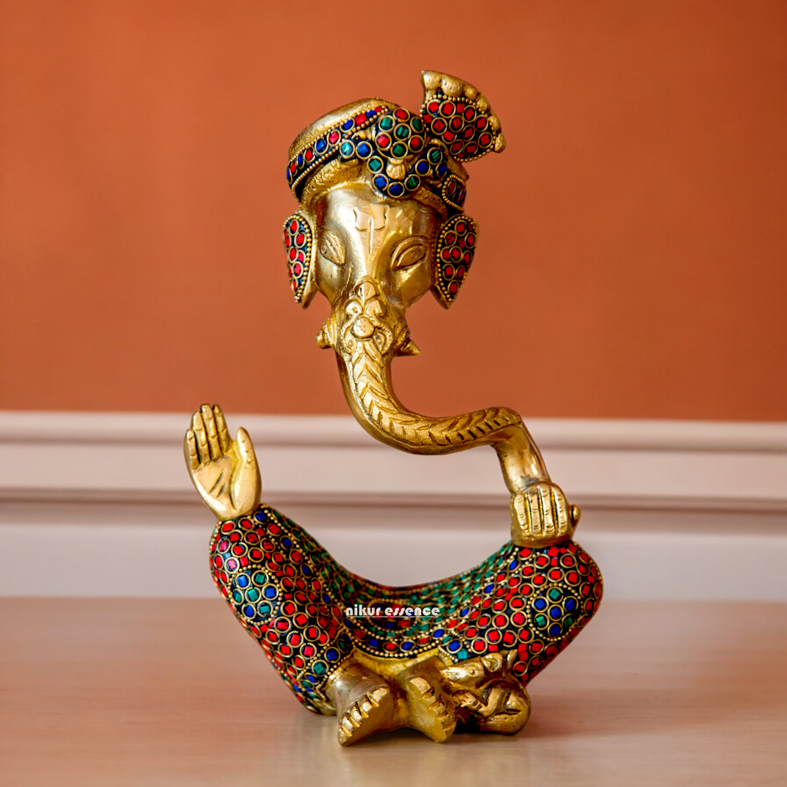 Online Ganesh Vinayaka Sitting Idol Brass with Stone Work - 10 inches Nikuressence