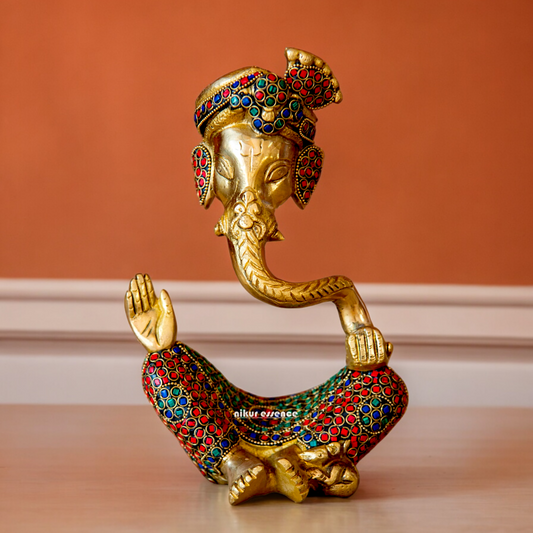 Online Ganesh Vinayaka Sitting Idol Brass with Stone Work - 10 inches Nikuressence