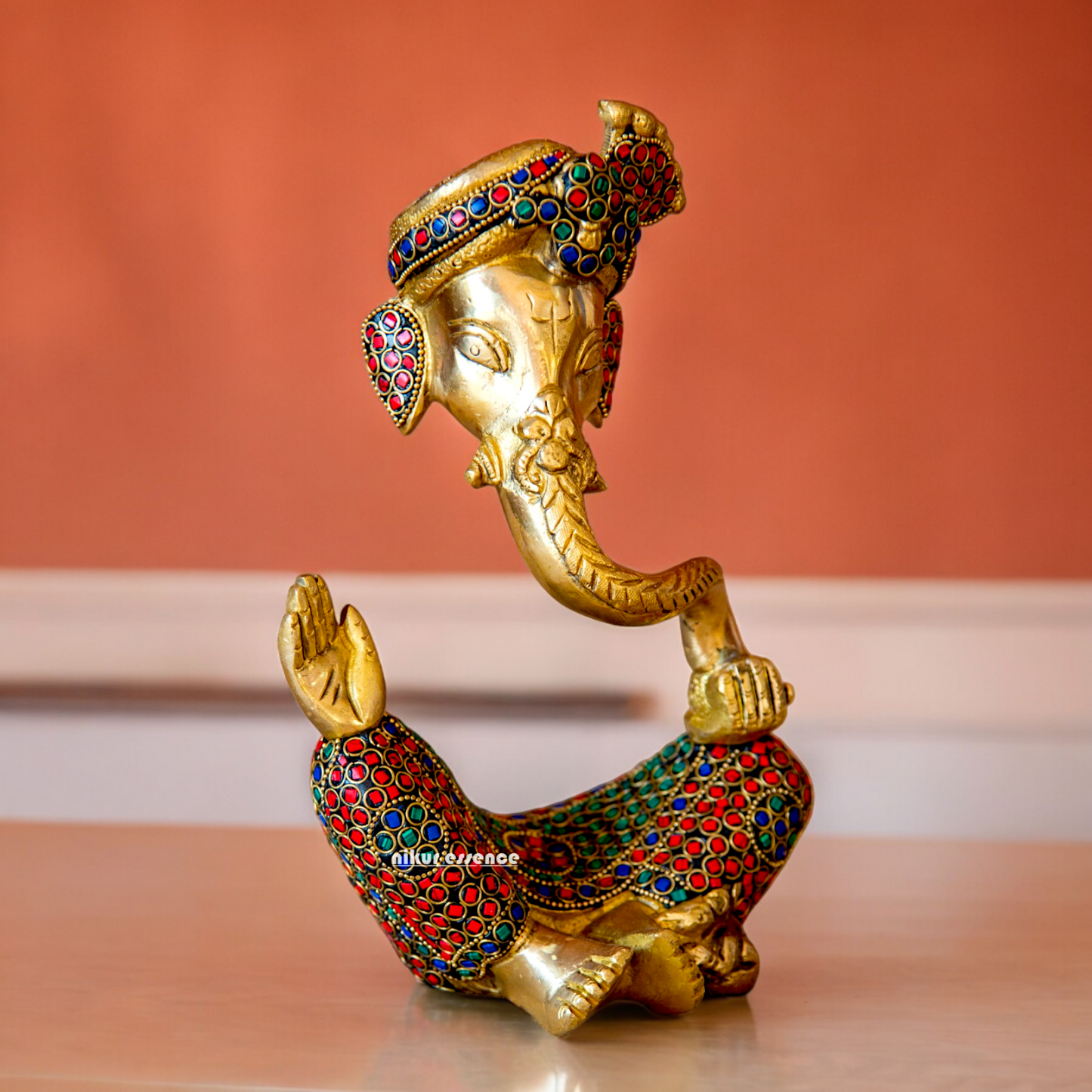 Online Ganesh Vinayaka Sitting Idol Brass with Stone Work - 10 inches Nikuressence