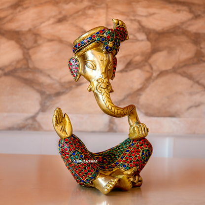 Online Ganesh Vinayaka Sitting Idol Brass with Stone Work - 10 inches Nikuressence