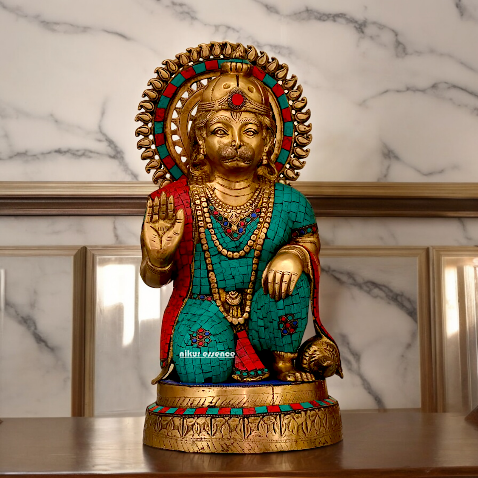 Large Brass Hanuman blessing Idol with Stone Work - 48.5 cm Nikuressence