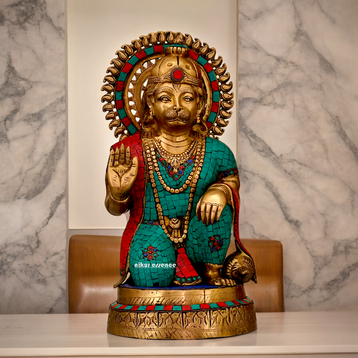 Large Brass Hanuman blessing Idol with Stone Work - 48.5 cm Nikuressence