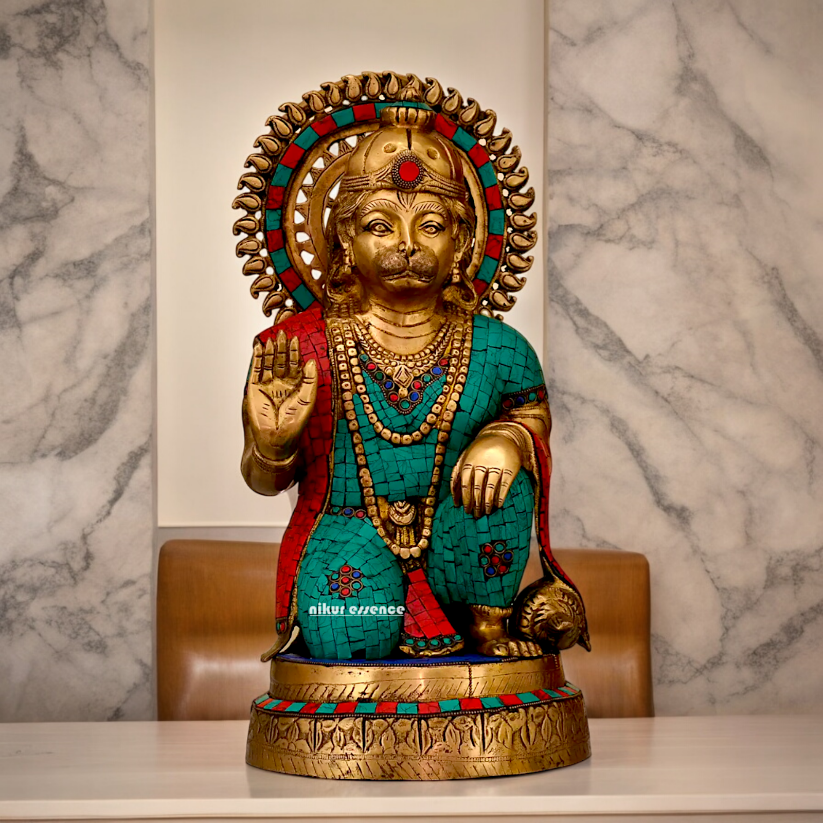 Large Brass Hanuman blessing Idol with Stone Work - 48.5 cm Nikuressence