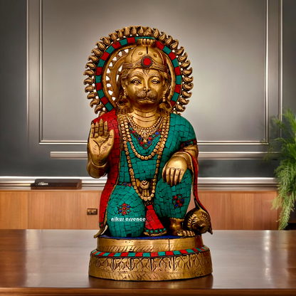 Large Brass Hanuman blessing Idol with Stone Work - 48.5 cm Nikuressence