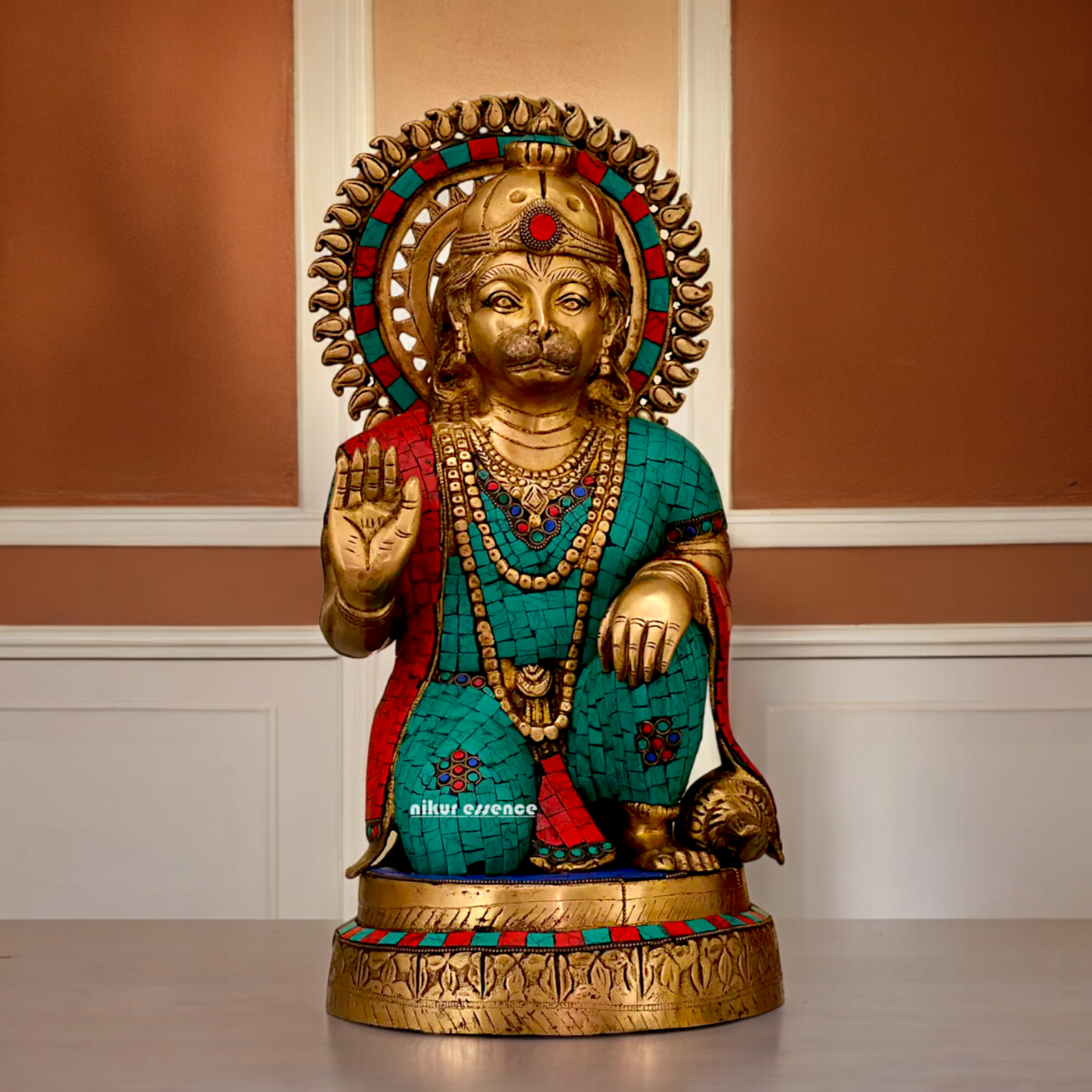Large Brass Hanuman blessing Idol with Stone Work - 48.5 cm Nikuressence