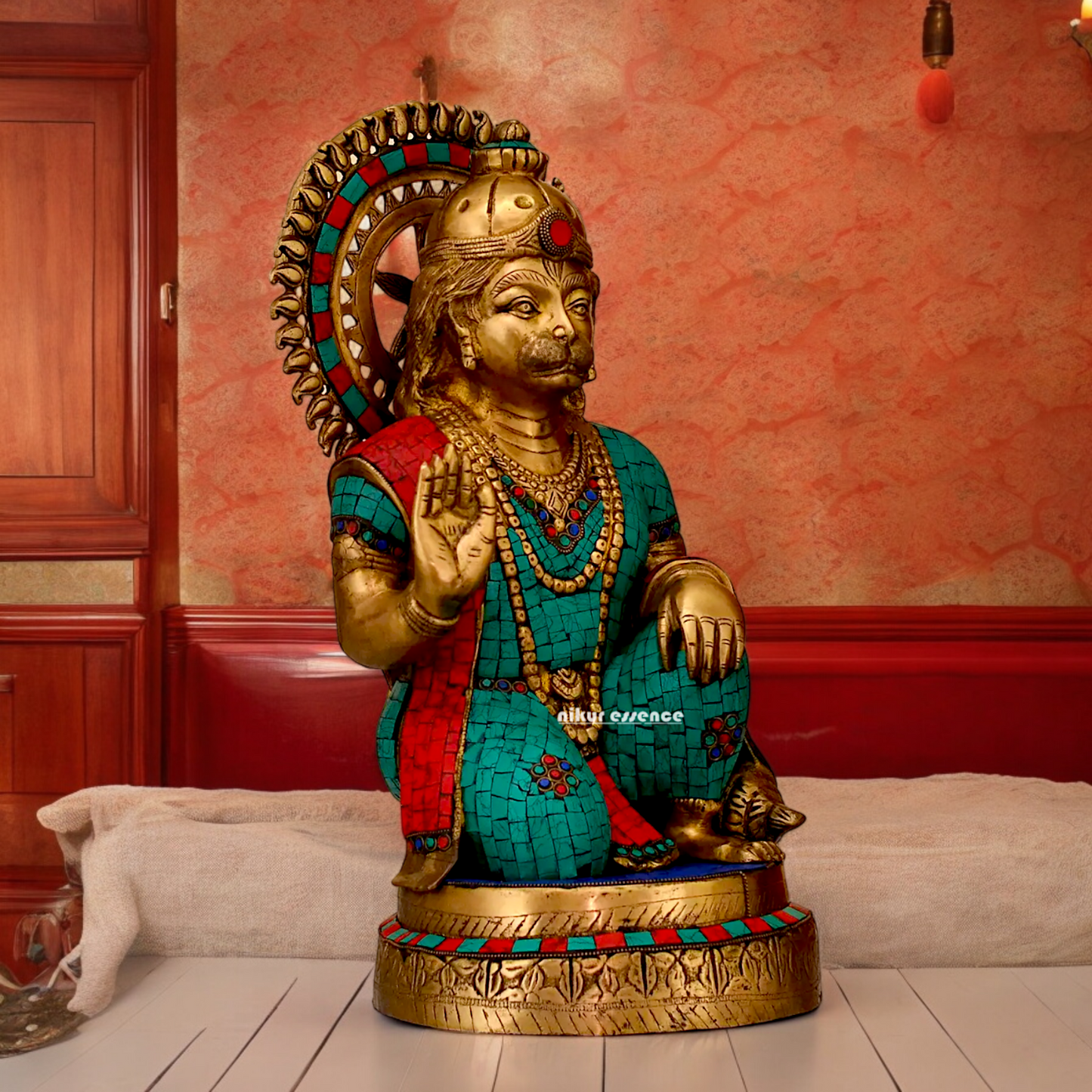 Large Brass Hanuman blessing Idol with Stone Work - 48.5 cm Nikuressence